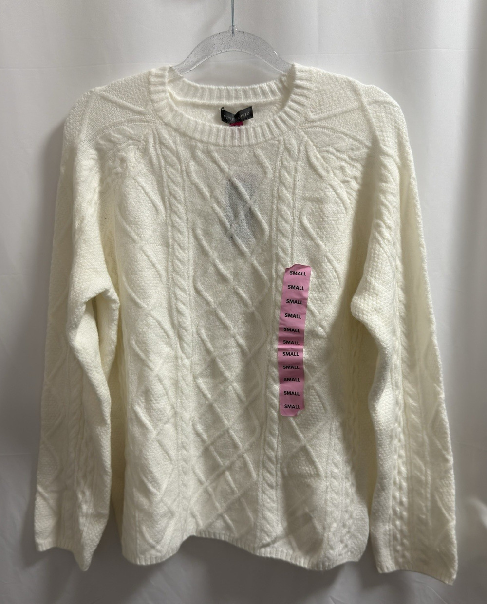 Vince Camuto Women's Pullover Cable Sweater Small Antique White Crew Neck